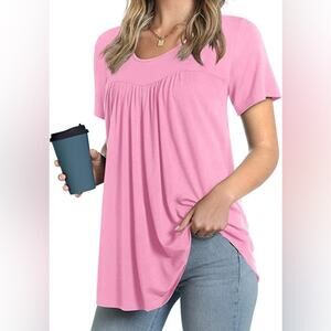 Women's Pleated Front Short Sleeve Flowy Babydoll Tunic - Pink - Size Med 🎀✨🎀